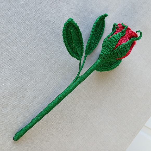 Red Crochet Rosebuds Last Forever 9" long stem rose unique faux flower cottage - Picture 7 of 15